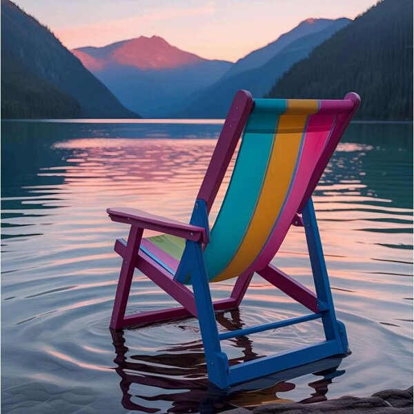 Einen Strandkorb der in der Abendröte an einen Bergsee steht.